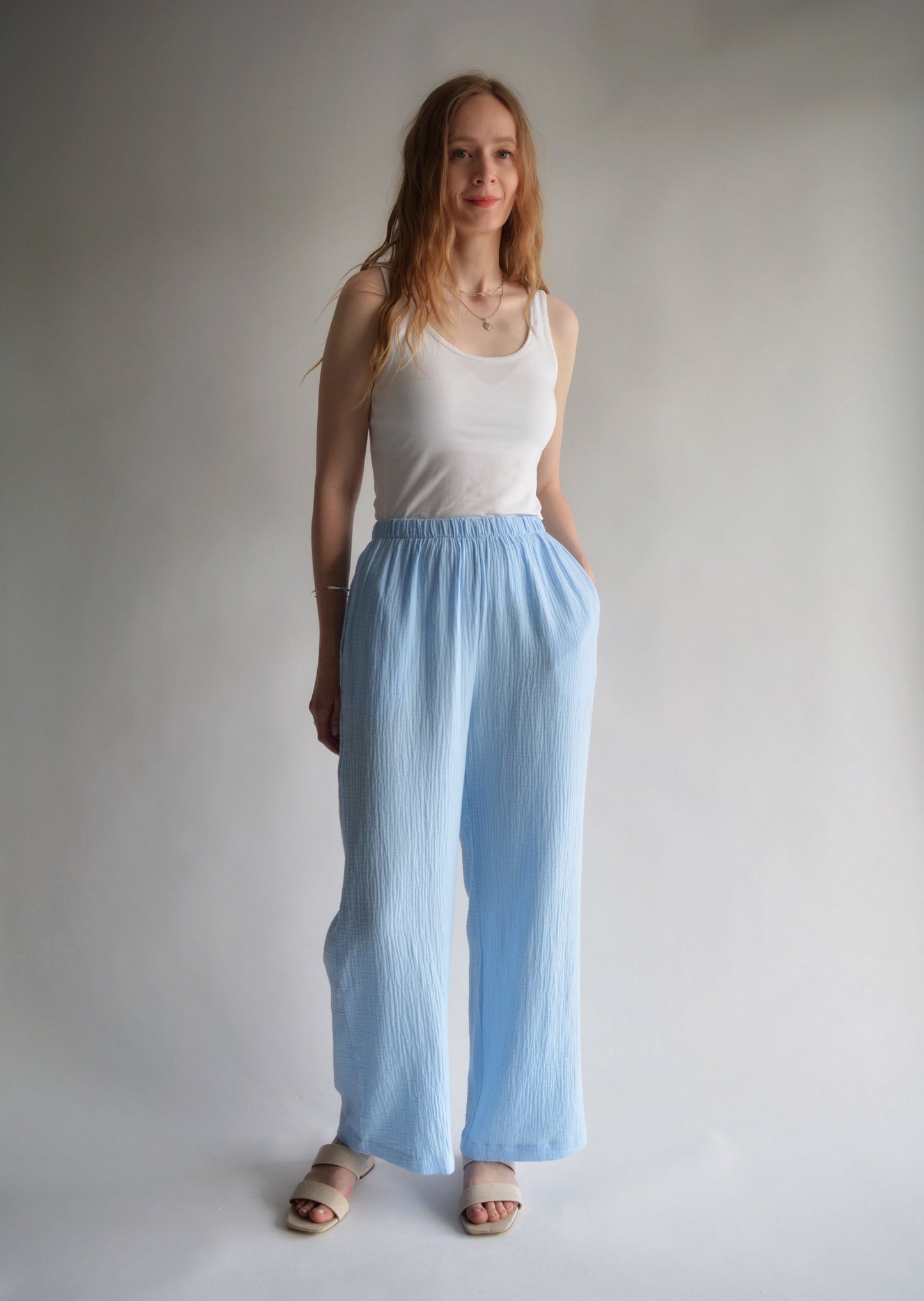 Cotton Muslin Pants in Light Blue