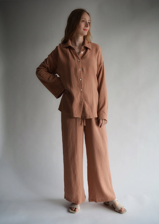 Cotton Muslin Two-Piece Set: Shirt and Pants in Blush Brown color
