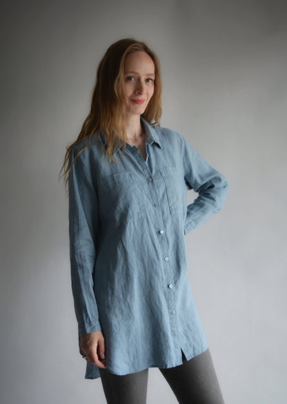Linen Long Sleeve Shirt in Stone Blue color