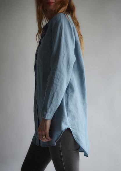 Linen Long Sleeve Shirt in Stone Blue color