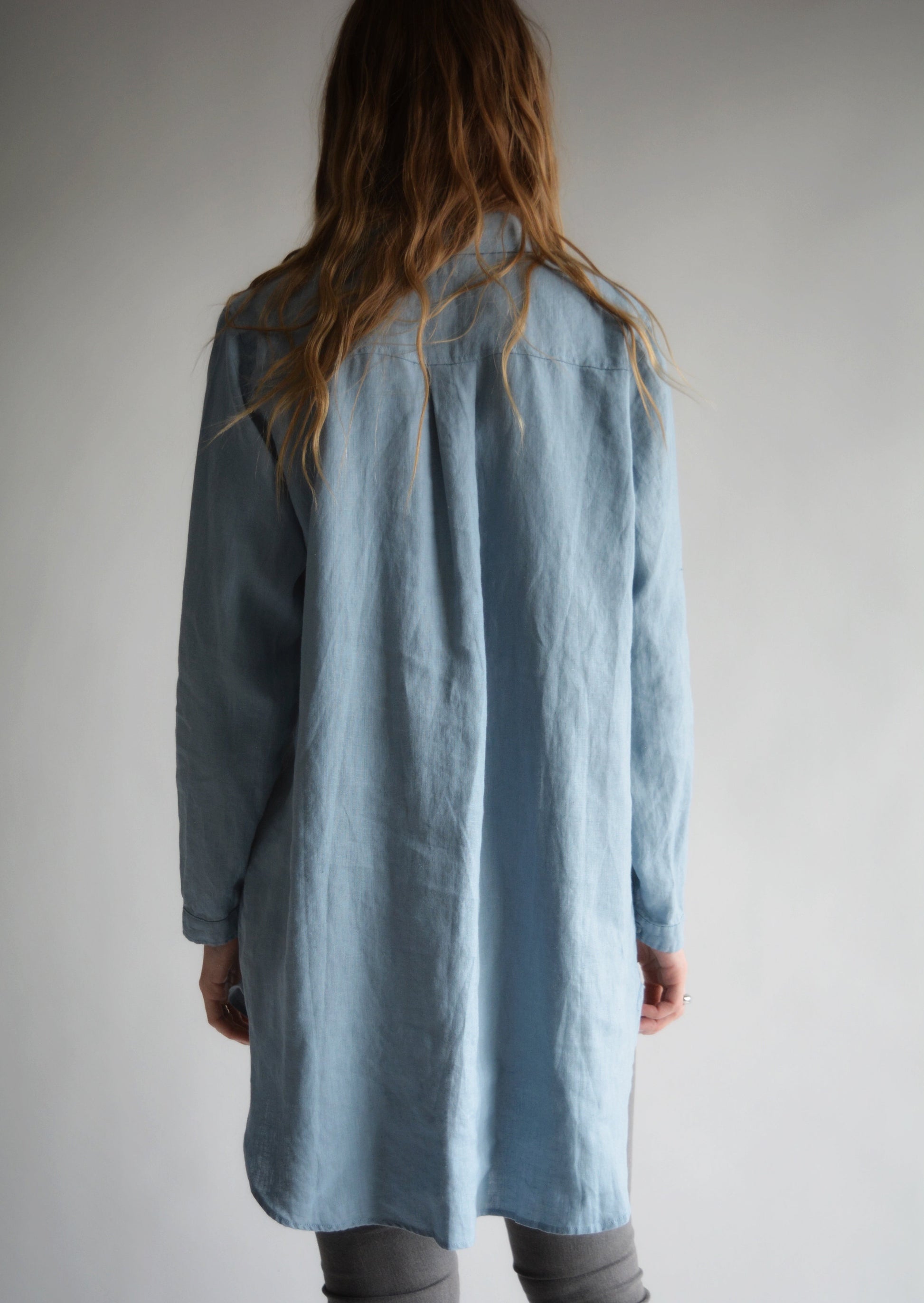 Linen Long Sleeve Shirt in Stone Blue color