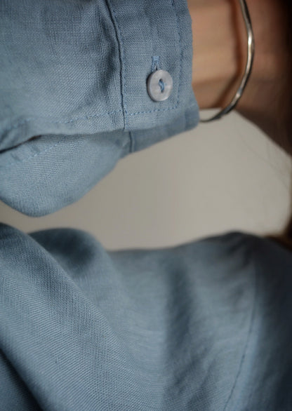 Linen Long Sleeve Shirt in Stone Blue color