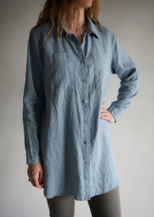 Linen Long Sleeve Shirt in Stone Blue color