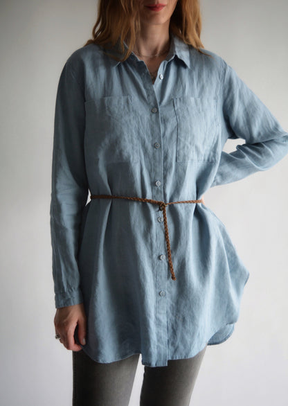 Linen Long Sleeve Shirt in Stone Blue color