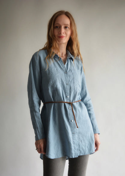 Linen Long Sleeve Shirt in Stone Blue color