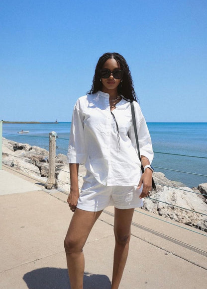 Two Piece Set - Cotton Shirt and Shorts in Porcelain (white) color