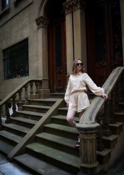 Two Piece Set - Cotton Blouse and Shorts in Beige color