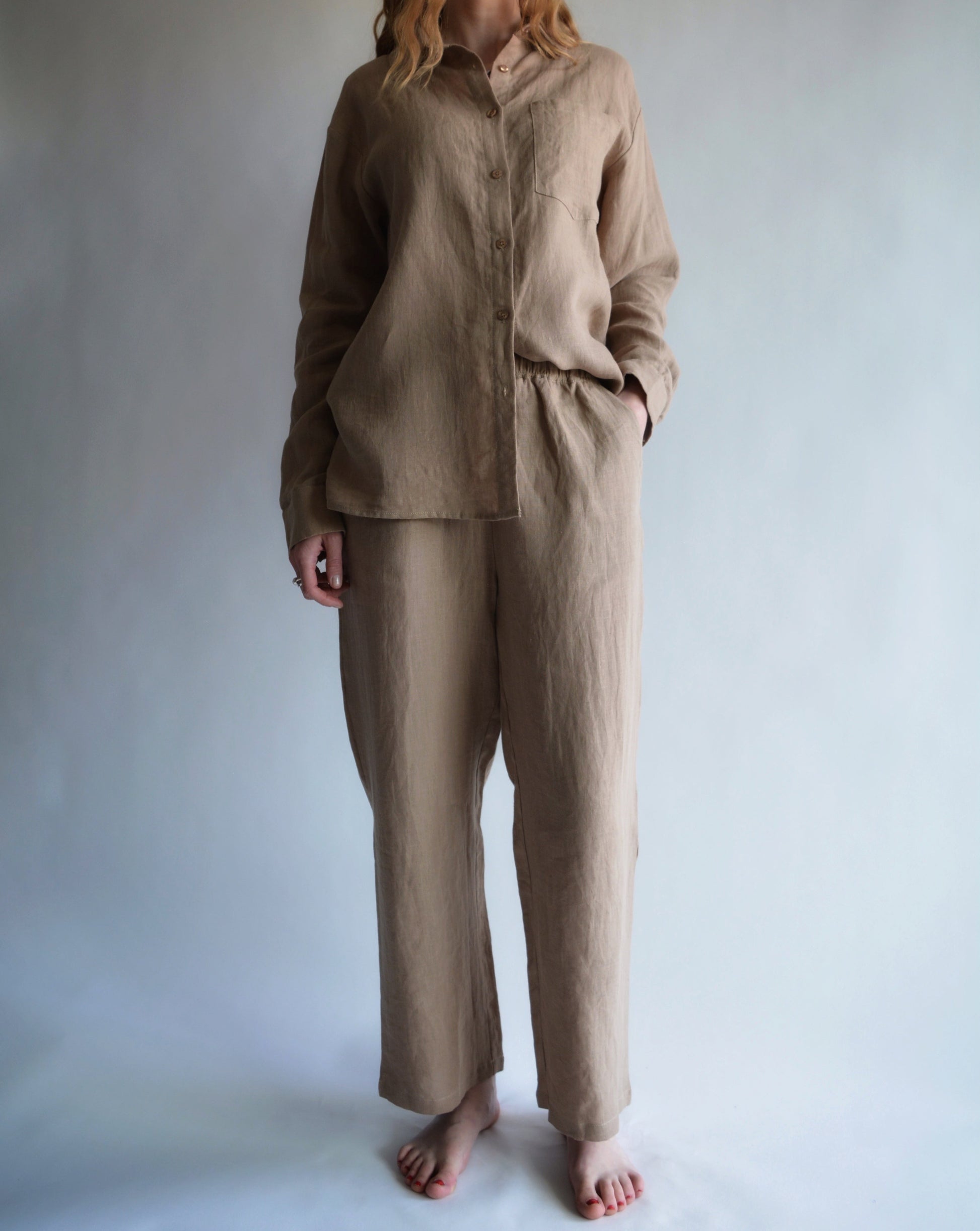 100% European Linen Sleepwear Set (pajama set) in brown color