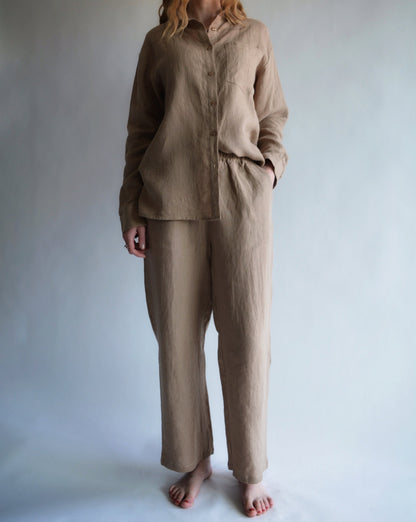 100% European Linen Sleepwear Set (pajama set) in brown color