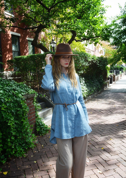 Linen Long Sleeve Shirt in Stone Blue color