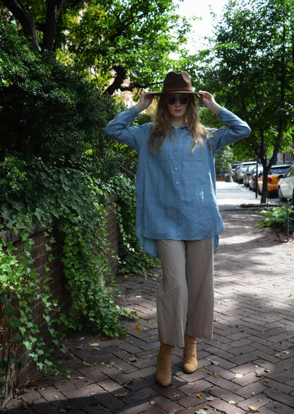 Linen Long Sleeve Shirt in Stone Blue color