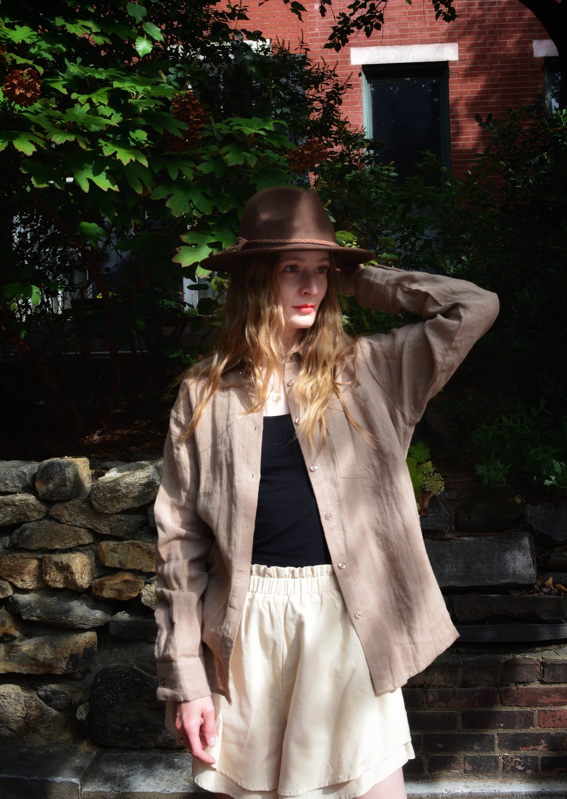 Linen Long Sleeve Shirt in Bronzed Brown color