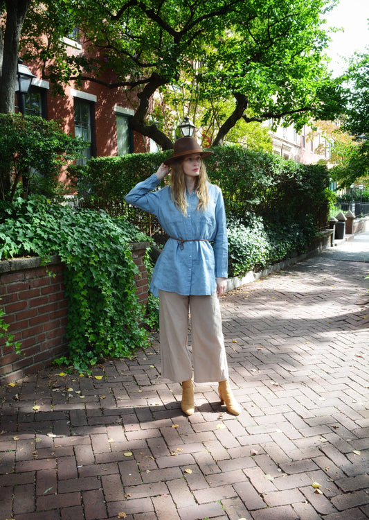 Linen Long Sleeve Shirt in Stone Blue color