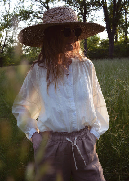 Embroidered Cotton Oversize Blouse in Ivory color